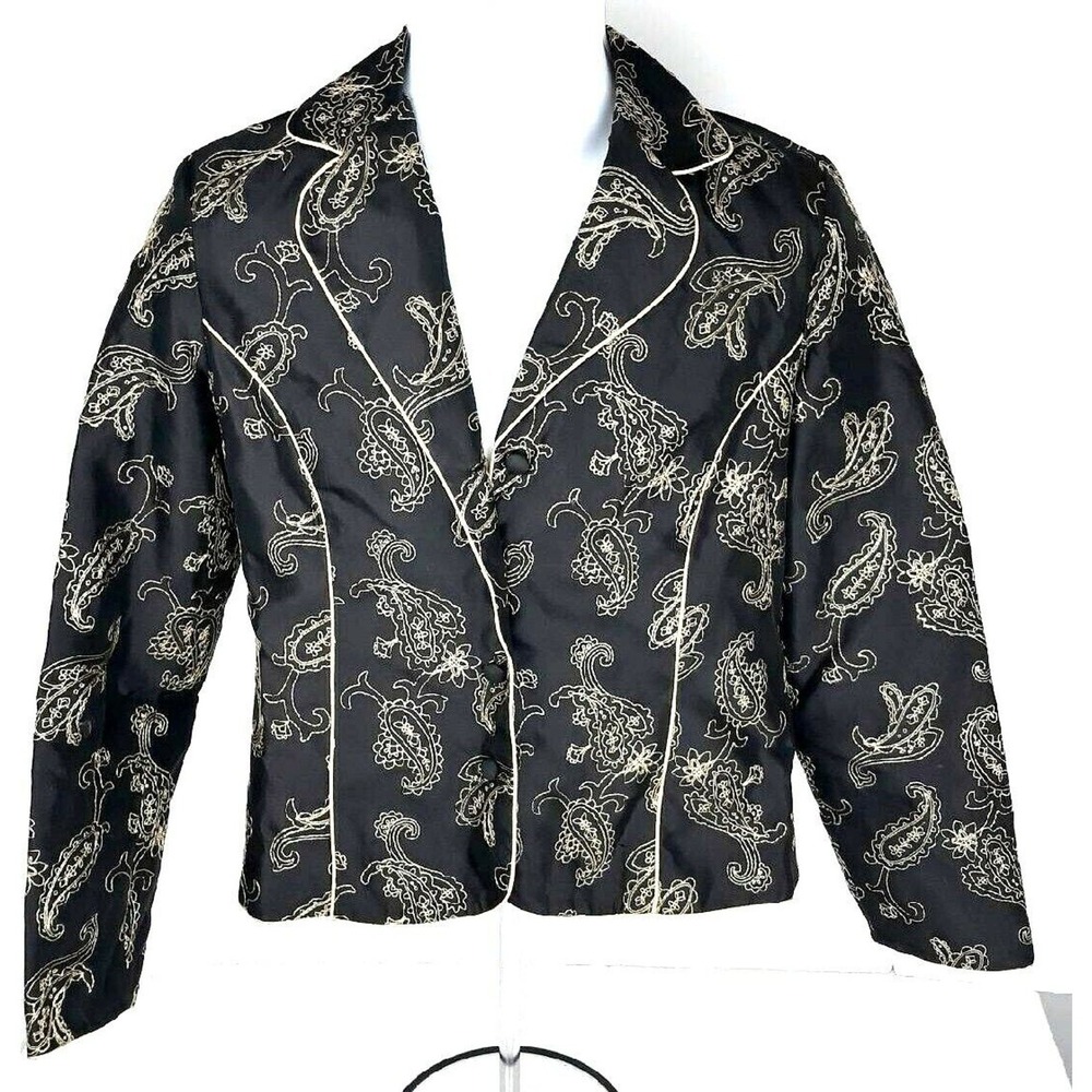 Silkland Petite Silk womens jacket bolero Size 8P lined black gold embroidery
